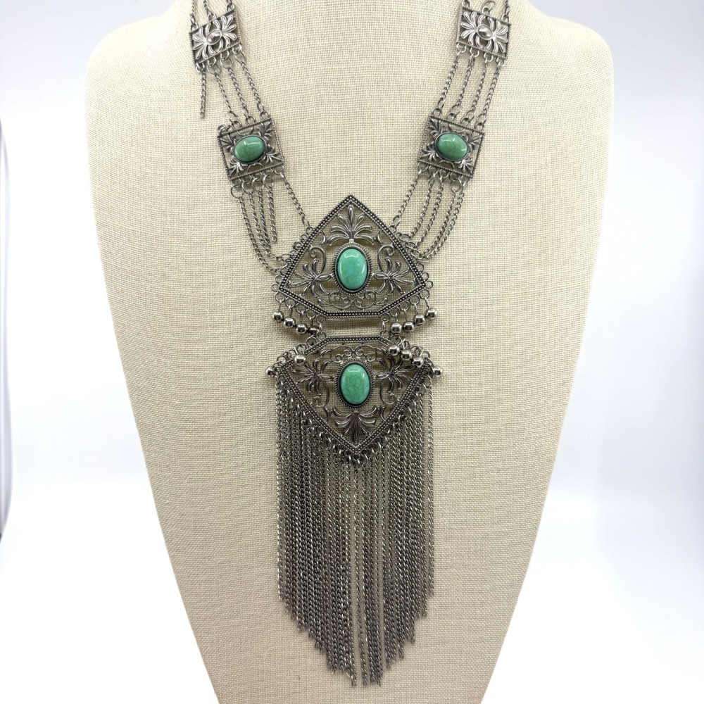 Statement Silver Tone Multi-Chain Necklace Boho Fringe Faux Turquoise Stones